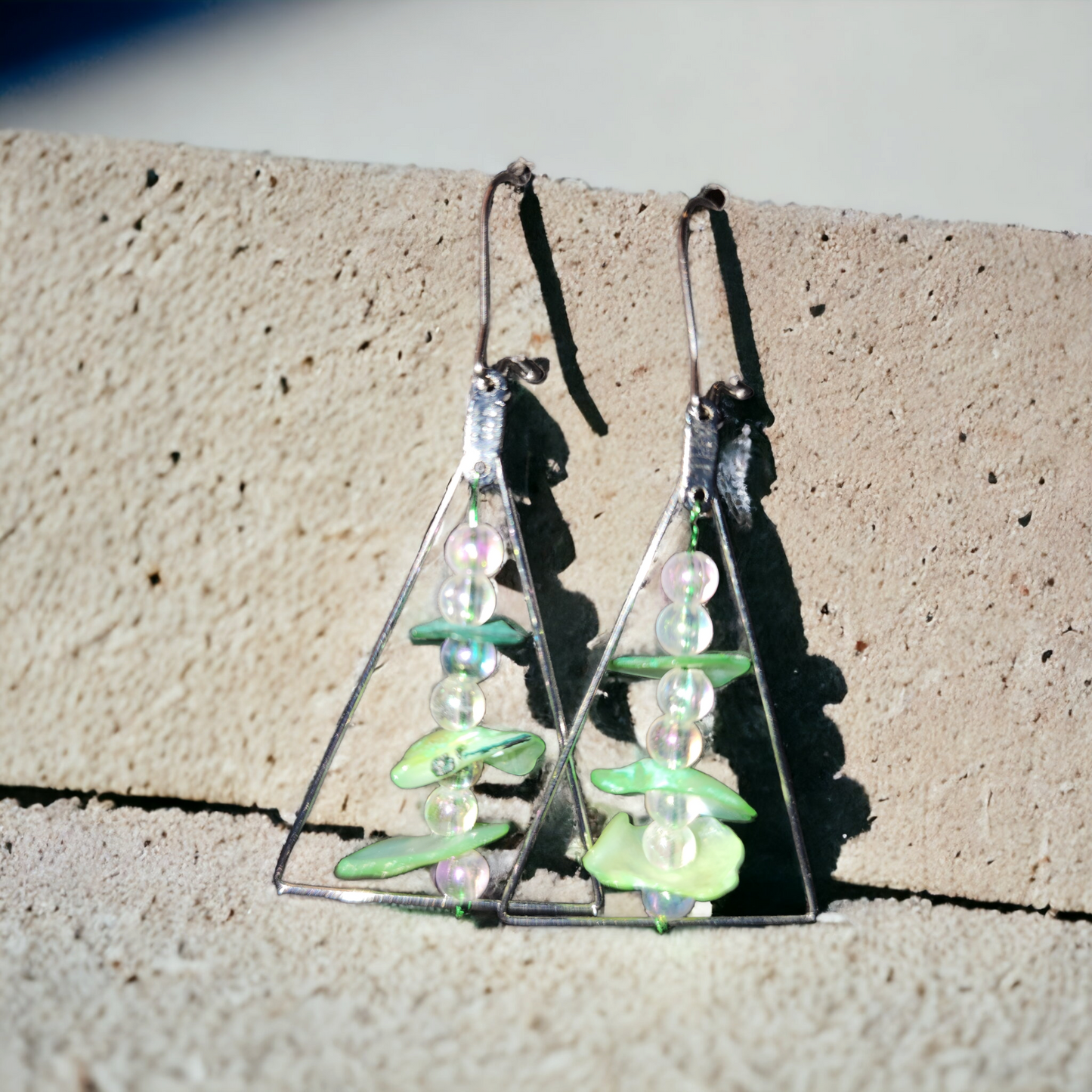 Triangle with died green shell 2 inch earrings