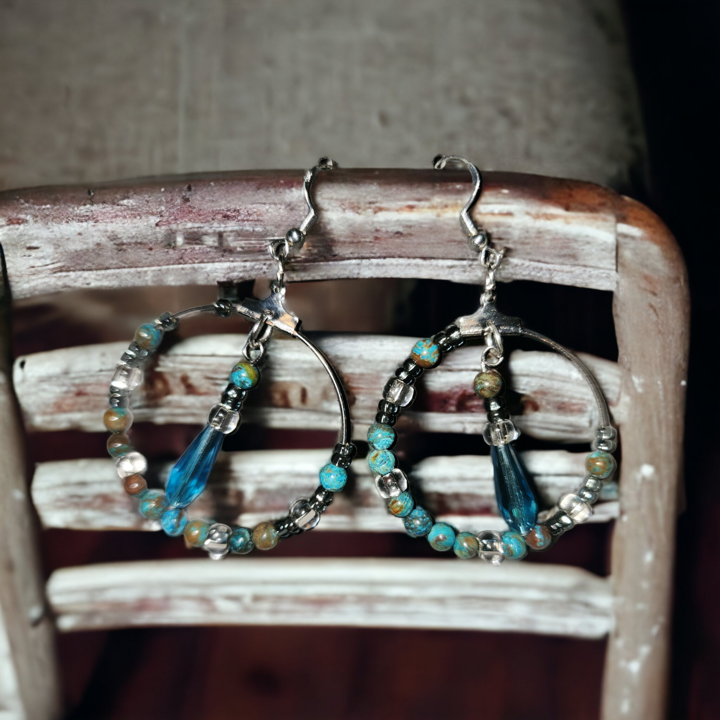 Blue Stone with glass and crystal beads hoop earrings