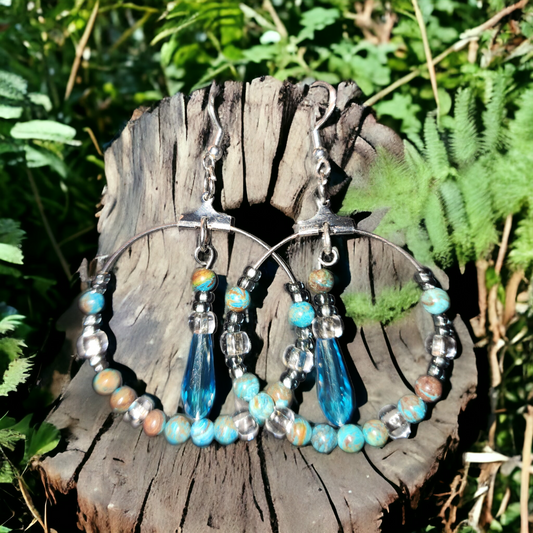 Blue Stone with glass and crystal beads hoop earrings