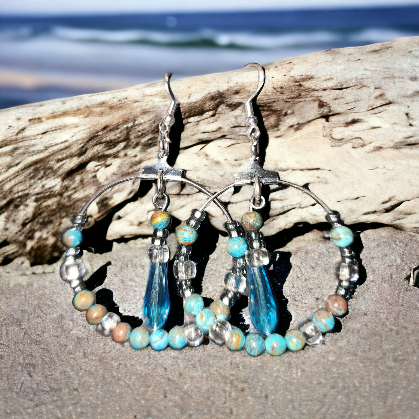 Blue Stone with glass and crystal beads hoop earrings